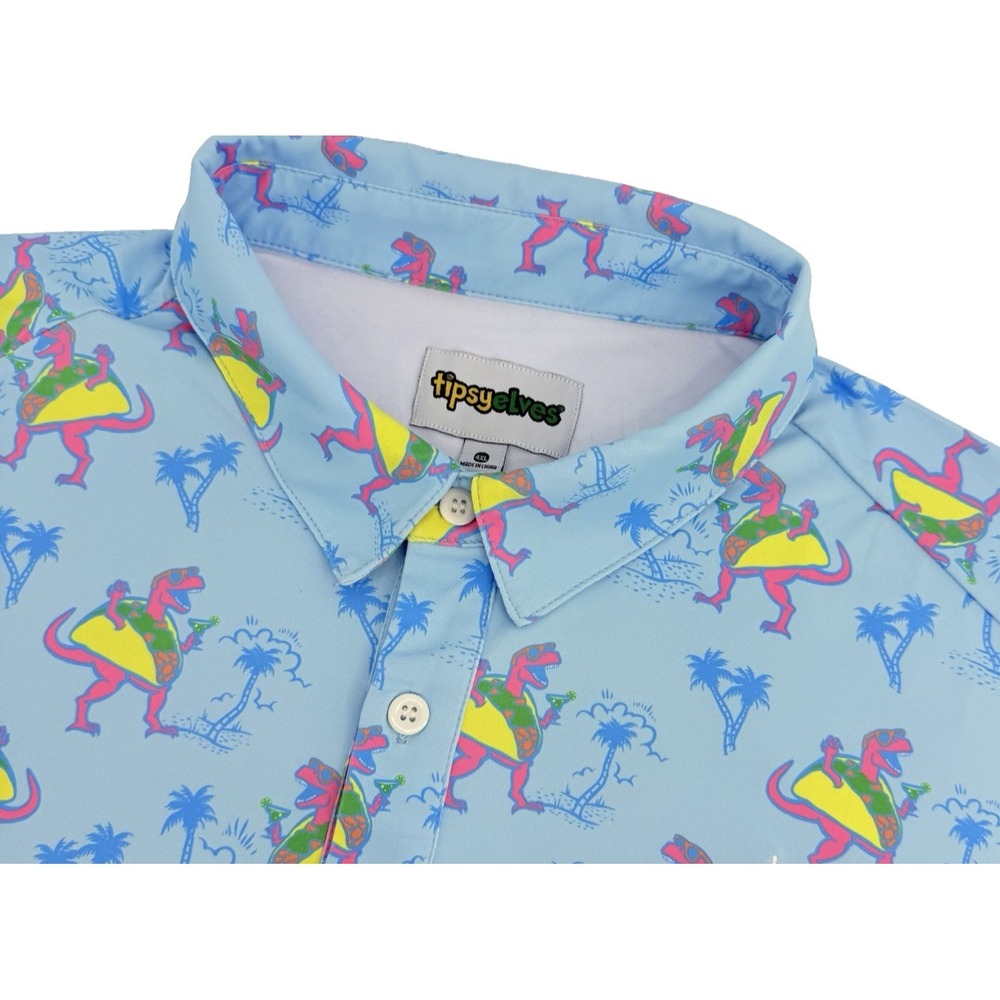 Tipsy Elves Tacosaurus Golf Polo Men 4XL Blue Tropical Dino Print Stretch